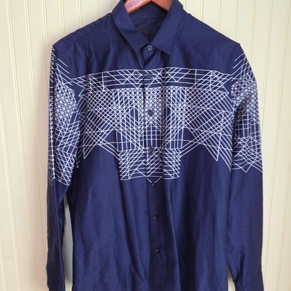 Topman Shirt Mens Medium Blue Geometric Long Sleeve Button Up Print Casual